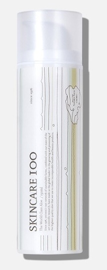 기존 스킨케어100 용기 — 흰 반투명 펌프 용기에 세로 글자 SKINCARE 100