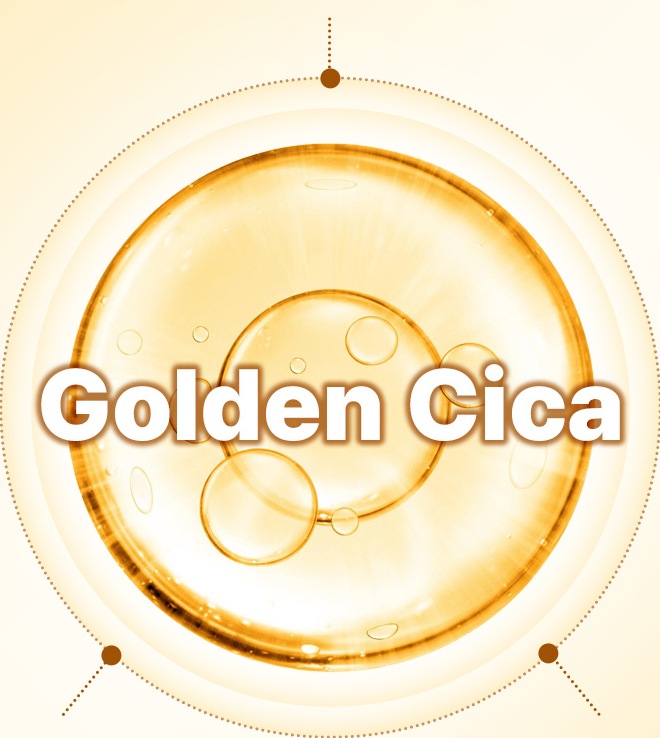 금빛 기포가 든 구슬과 점선 고리, 이끌선의 점 셋. 구슬 위 글자: Golden Cica