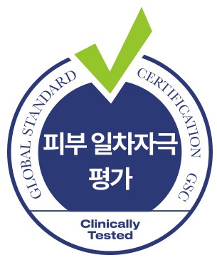 인증 마크 — GLOBAL STANDARD CERTIFICATION GSC 원 배지(초록 체크): 피부 일차자극 평가, Clinically Tested